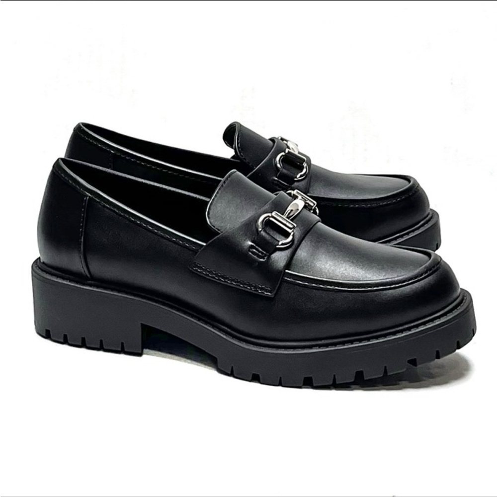New Black Silver Chain Platform Chunky Heel Penny Loafers Size 7.5